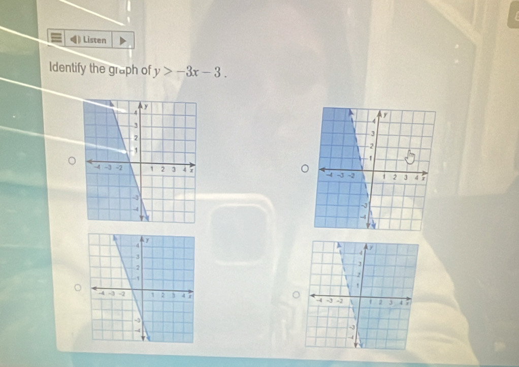 Listen 
Identify the graph of y>-3x-3.