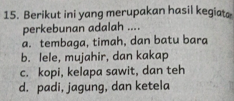 Berikut ini yang merupakan hasil kegiata
perkebunan adalah ....
a. tembaga, timah, dan batu bara
b. lele, mujahir, dan kakap
c. kopi, kelapa sawit, dan teh
d. padi, jagung, dan ketela