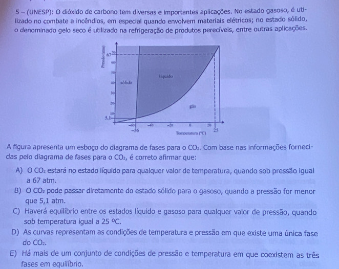 5 - (UNESP): O dióxido de carbono tem diversas e importantes aplicações. No estado gasoso, é uti-
lizado no combate a incêndios, em especial quando envolvem materiais elétricos; no estado sólido,
o denominado gelo seco é utilizado na refrigeração de produtos perecíveis, entre outras aplicações.
A figura apresenta um esboço do diagrama de fases para o CO_2. Com base nas informações forneci-
das pelo diagrama de fases para o CO_2 , é correto afirmar que:
A) OCO_2 estará no estado líquido para qualquer valor de temperatura, quando sob pressão igual
a 67 atm.
B) O CO_2 pode passar diretamente do estado sólido para o gasoso, quando a pressão for menor
que 5,1 atm.
C) Haverá equilíbrio entre os estados líquido e gasoso para qualquer valor de pressão, quando
sob temperatura igual a 25°C.
D) As curvas representam as condições de temperatura e pressão em que existe uma única fase
do CO_2.
E) Há mais de um conjunto de condições de pressão e temperatura em que coexistem as três
fases em equilíbrio.