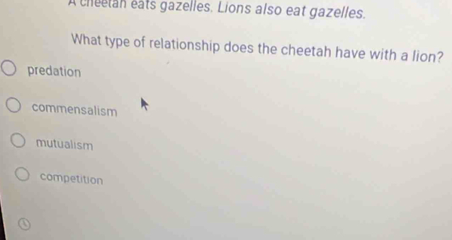 A cheetan eats gazelles. Lions also eat gazelles.
What type of relationship does the cheetah have with a lion?
predation
commensalism
mutualism
competition