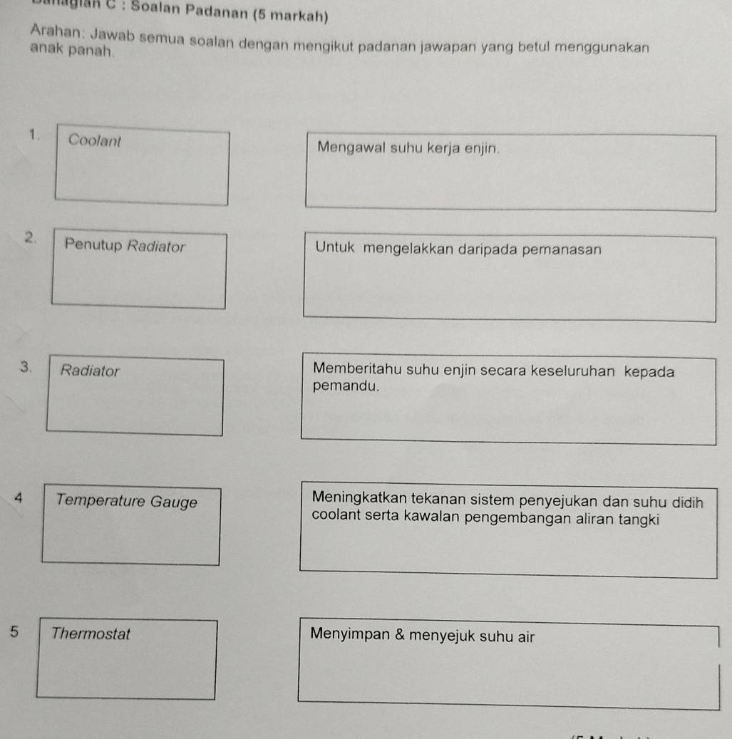 naglan C : Soalan Padanan (5 markah) 
Arahan: Jawab semua soalan dengan mengikut padanan jawapan yang betul menggunakan 
anak panah. 
1. Coolant 
Mengawal suhu kerja enjin. 
2. Penutup Radiator Untuk mengelakkan daripada pemanasan 
3. Radiator Memberitahu suhu enjin secara keseluruhan kepada 
pemandu. 
4 Temperature Gauge 
Meningkatkan tekanan sistem penyejukan dan suhu didih 
coolant serta kawalan pengembangan aliran tangki 
5 Thermostat Menyimpan & menyejuk suhu air