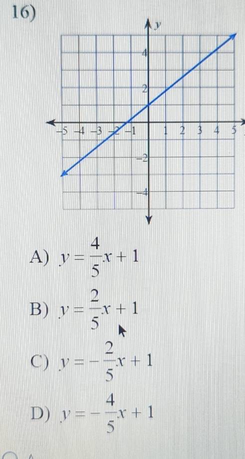 5
A) y= 4/5 x+1
B) y= 2/5 x+1
C) y=- 2/5 x+1
D) y=- 4/5 x+1