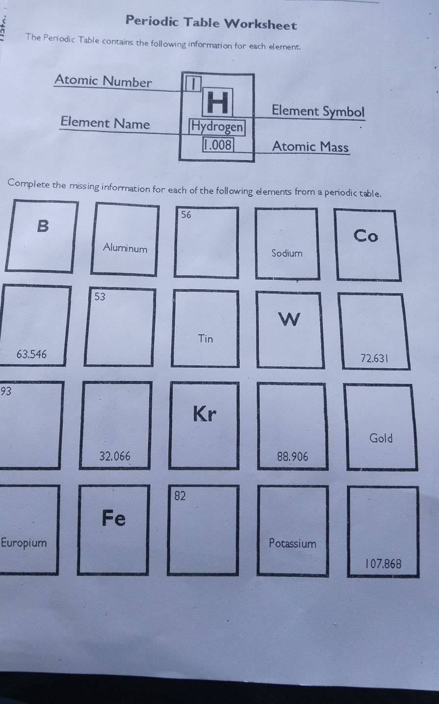 Periodic Table Worksheet 
The Periodic Table contains the following information for each element. 
Complete the missing information for each of the following elements from a periodic table. 
B
56
Co 
Aluminum 
Sodium
53
W 
Tin
63.546 72.631
93
Kr 
Gold
32.066 88.906
82
Fe 
Europium Potassium
107.868