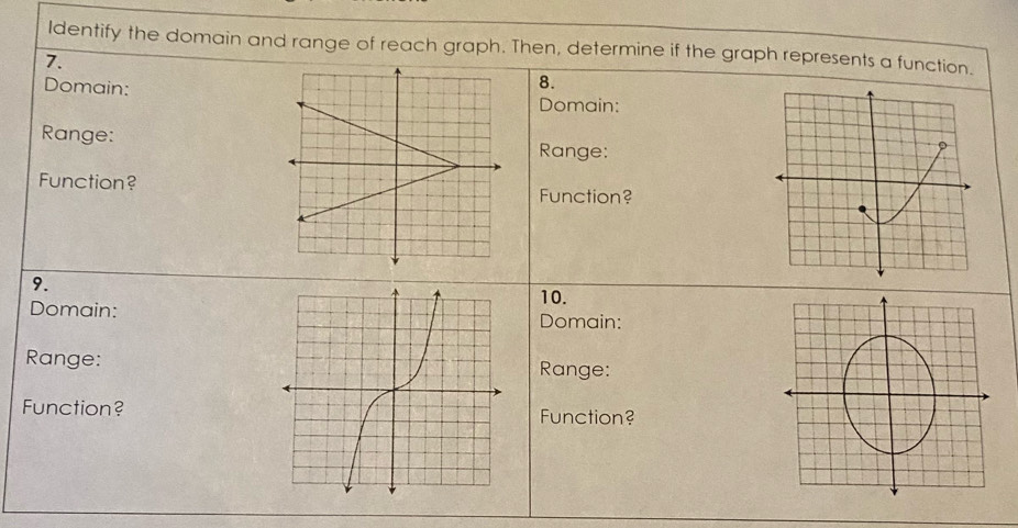 Identify the domain and range of reach graph. Then, determine if the graph represents a function. 
7. 
8. 
Domain:Domain: 
Range:Range: 
Function? 
Function? 
9. 
10. 
Domain: 
Domain: 
Range:Range: 
Function?Function?