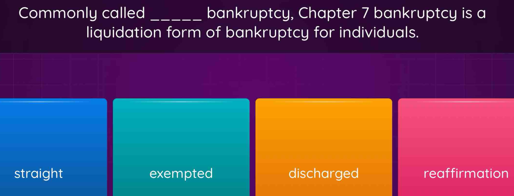 Commonly called _bankruptcy, Chapter 7 bankruptcy is a
liquidation form of bankruptcy for individuals.
straight exempted discharged reaffirmation