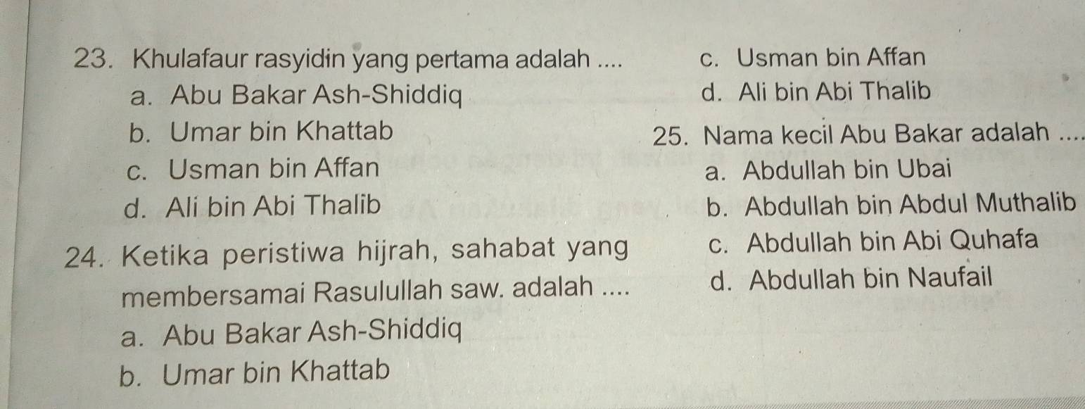 Khulafaur rasyidin yang pertama adalah .... c. Usman bin Affan
a. Abu Bakar Ash-Shiddiq d. Ali bin Abi Thalib
b. Umar bin Khattab 25. Nama kecil Abu Bakar adalah ...
c. Usman bin Affan a. Abdullah bin Ubai
d. Ali bin Abi Thalib b. Abdullah bin Abdul Muthalib
24. Ketika peristiwa hijrah, sahabat yang c. Abdullah bin Abi Quhafa
membersamai Rasulullah saw. adalah .... d. Abdullah bin Naufail
a. Abu Bakar Ash-Shiddiq
b. Umar bin Khattab