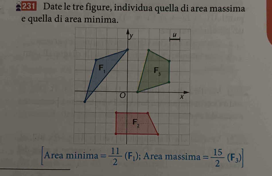 Date le tre figure, individua quella di area massima
e quella di area minima.
Area minima = 11/2 (F_1); Area massima = 15/2 (F_3)]