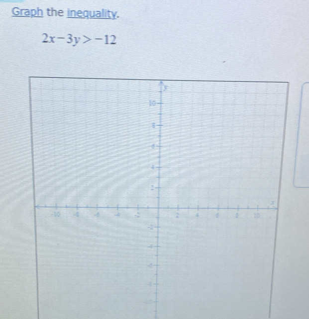 Graph the inequality.
2x-3y>-12