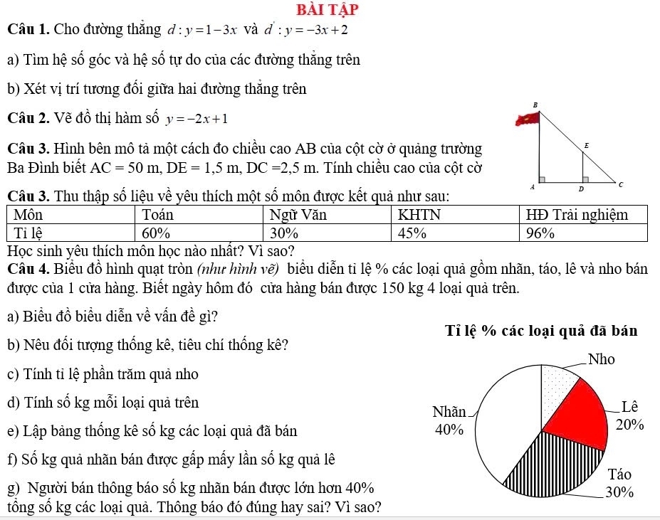 bài tập 
Câu 1. Cho đường thắng d:y=1-3x và d':y=-3x+2
a) Tìm hệ số góc và hệ số tự do của các đường thắng trên 
b) Xét vị trí tương đối giữa hai đường thắng trên 
Câu 2. Vẽ đồ thị hàm số y=-2x+1
Câu 3. Hình bên mô tả một cách đo chiều cao AB của cột cờ ở quảng trường 
Ba Đình biết AC=50m, DE=1, 5m, DC=2,5m 1. Tính chiều cao của cột cờ 
Câu 3. Thu thập số liệu về yêu thích một số môn được kết quả như sau: 
Học sinh yêu thích môn học nào nhất? Vì sao? 
Câu 4. Biểu đồ hình quạt tròn (như hình vẽ) biểu diễn tỉ lệ % các loại quả gồm nhãn, táo, lê và nho bán 
được của 1 cửa hàng. Biết ngày hôm đó cửa hàng bán được 150 kg 4 loại quả trên. 
a) Biểu đồ biểu diễn về vấn đề gì? 
Tỉ lệ % các loại quả đã bán 
b) Nêu đổi tượng thống kê, tiêu chí thống kê? 
c) Tính tỉ lệ phần trăm quả nho 
d) Tính số kg mỗi loại quả trên 
e) Lập bảng thống kê số kg các loại quả đã bán 
f) Số kg quả nhãn bán được gấp mấy lần số kg quả lê 
g) Người bán thông báo số kg nhãn bán được lớn hơn 40%
tổng số kg các loại quả. Thông báo đó đúng hay sai? Vì sao?