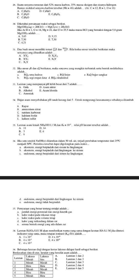 Suatu senyawa tersusun dari 52% massa karbon, 35% massa oksigen dan sisanya hidrogen.
Rumus mołekul senvawa karbon tersebut (Mr=46)
A. C2H₆O2 D. C₃H₅O adalah... (ArC=12,H=1,O=16)
B. C₂H₄O E. C_3H_3O_2
C. C₂H₆O
30, Diketahui persamaan reaksi sebagai berikut.
Mg( (aq)+2HCl(l)to MgCl _2(s)+2H_2O(l)
Jika ArH=1,O=16,Mg=24 , dar C1=35. ,5 maka massa HCl yang bereaksi dengan 5,8 gram
Me(OH)₂ adalah ...
A. 3,65 D. 9,15
B. 7,50 E. 7,30
C. 4,21
31. Dua buah unsur memiliki notasi _(13)^(27)X 1 nbeginarrayr 35,5 17endarray ). Bila kedua unsur tersebut berikatan maka
senyawa yang dihasilkan adalah
A. XY_2 D. X₂Y₂
B. XY_3 E. X₂Y
C. X_2Y
32. Jika unsur &R dan ₉Q berikatan, maka senyawa yang mungkin terbentuk serta bentuk molekulnya
adalah...
a. RQ tetra hedron c. RQ linier e. R₄Q bujur sangkar
b. RQ₄ segi empat datar d. RQ₆ oktahedral
33. Larutan yang mempunyai pH lebih besar dari 7 adalah . . . .
A. Gula D. Asam nitrat
B. Alkohol E. Asam klorida
C. Amoniak
34. Hujan asam menyebabakan pH tanah kurang dari 5 . Untuk mengurangi keasamannya sebaiknya ditambah
A. Kapur
B. ammonium nitrat
C. natrium karbonat
D. kalsium fosfat
E. kalium sulfat
35. Larutan asam lemah NH₄OH 0.1 M.dan K_b=10^(-5) , nilai pH larutan tersebut adalah...
A. 11 D. 14
B. 3 E. 6
C. 9
36, Jika satu sendok NaOH(s) dilarutkan dalam 50 mL air, terjadi perubahan temperatur dari 25°C
menjadi 50°C. Peristiwa tersebut dapat digolongkan pada reaksi...
a. eksoterm, energi berpindah dari sistem ke lingkungan
b. eksoterm, energi berpindah dari lingkungan ke sistem
c. endoterm, energi berpindah dari sistem ke lingkungan
d. endoterm, energi berpindah dari lingkungan ke sistem
e. endoterm, energi tidak berpindah
37. Pernyataan yang benar tentang entalpi adalah...
a. jumlah energi potensial dan energi kinetik gas
b. kalor reaksi pada tekanan tetap
c. kalor reaksi pada volume tetap
d. kalor yang terkandung dalam zat
e. semua bentuk energi yang ada dalam zat
38. Larutan 1M akan memberikan warna yang sama dengan larutan HA 0,1 M jika ditetesi
indicator yang sama, maka tetapan ionisasi K.)HA adalah….
A. 1* 10^(-3) 4* 10^(-4)
B. 4* 10^(-3) 4* 10^(-3)
C. 4* 10^(-2)
39. Beberapa larutan diuji dengan kertas lakmus didapat hasil sebagai berikut.
Berdasarkan data di atas, larutan yang bersifat asam adalah....
. L arutan 1 dan 3
.
. Larutan 2 dan 3
. Larutan 2 dan 4
. Larutan 4 dan 5