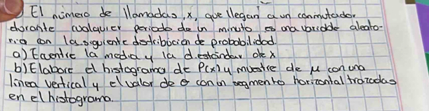 El nimero de llamadas, x, que (legan a on conmutador 
dorante cuolquier periodo do in minuto s ona variadle aleato- 
ria con (asquientcdistribicion de probabilidad 
a) Eventic la meda y la d. estaindaw oe x
b)Elabore d histograma do P(x) y muestre de u con una 
linea verticaly elvalor deo con on begmento horizontal troiodas 
en elhistograma.