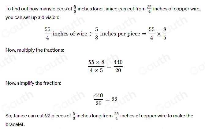 Solved: Janice has 55/4 inches of copper wire for making jewelry. She ...