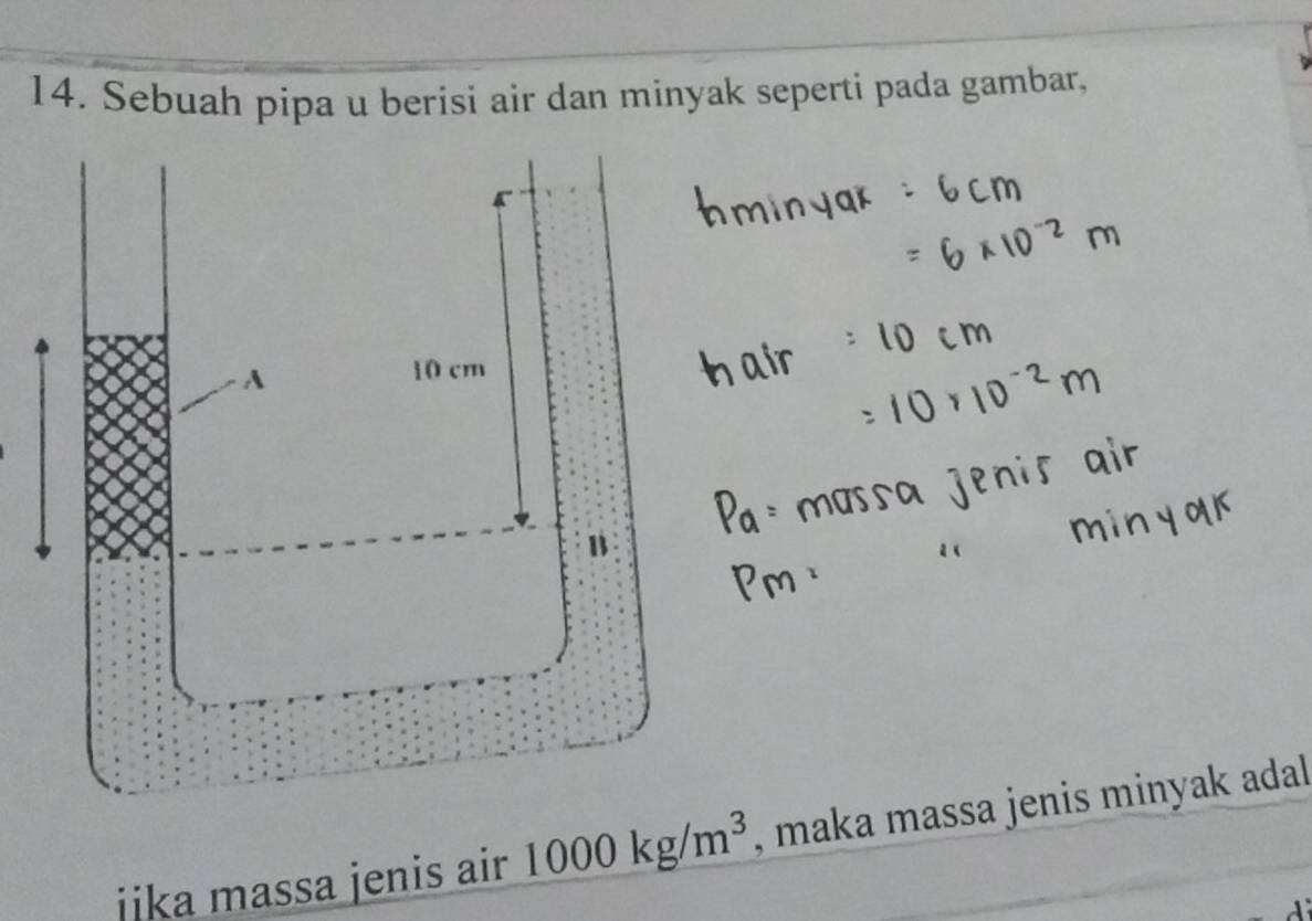 Sebuah pipa u berisi air dan minyak seperti pada gambar, 
jika massa jenis air 1000kg/m^3 , maka massa jenis minyak adal