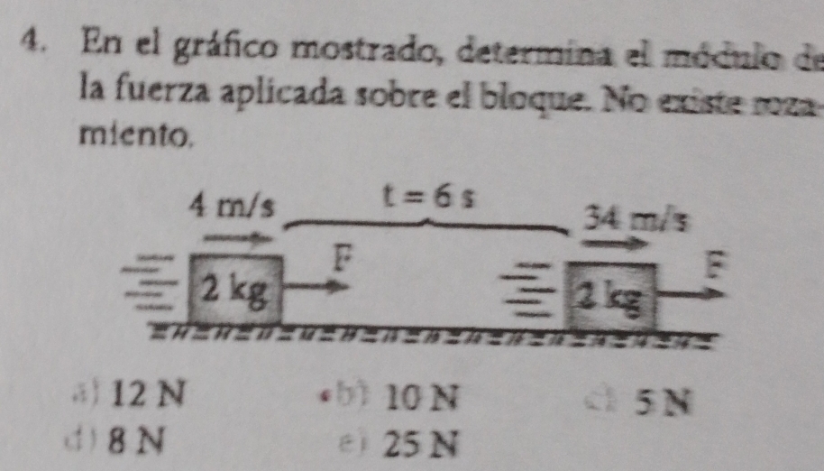 En el gráfico mostrado, determina el módulo de
la fuerza aplicada sobre el bloque. No existe roza
miento.
12 N b) 10 N C 5 N
(1)8N θ 25N