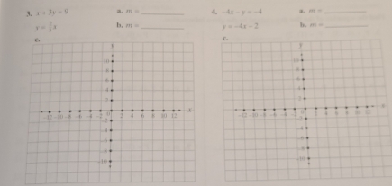 x+3y=9 a. m= _ 4. -4x-y=-4 a. HE= _
y= 2/3 x b, m= _ y=-4x-2 b. m= _