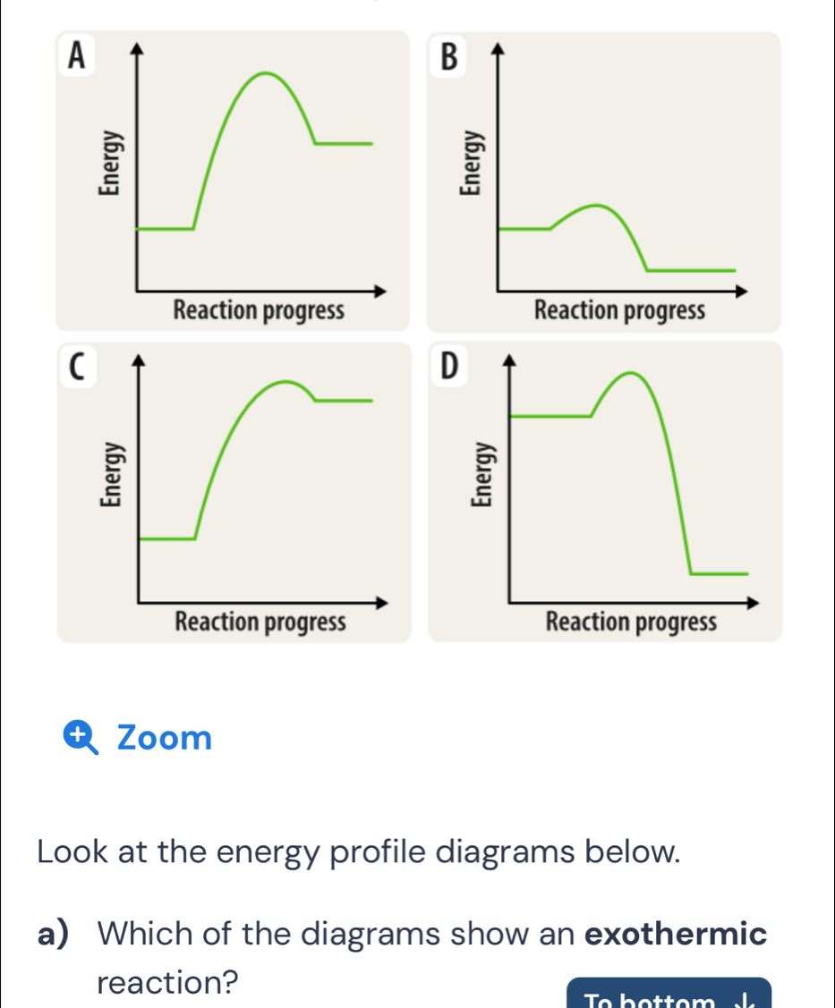 A 
5 
Reaction progress 
D 
5 
Reaction progress 
+ Zoom 
Look at the energy profile diagrams below. 
a) Which of the diagrams show an exothermic 
reaction? 
To bottom