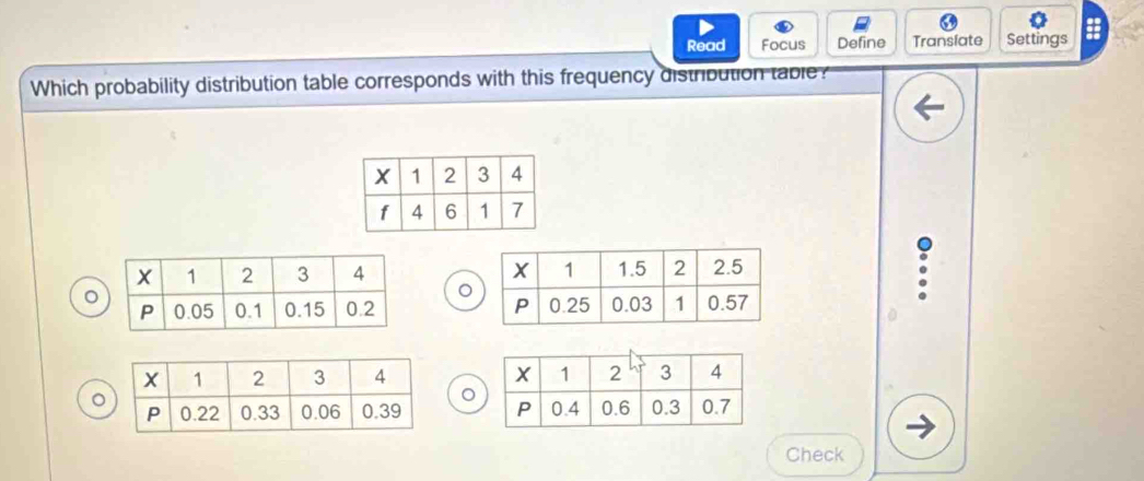 Read Focus Define Translate Settings 
Which probability distribution table corresponds with this frequency distribution table? 

。 


。 
。 
Check