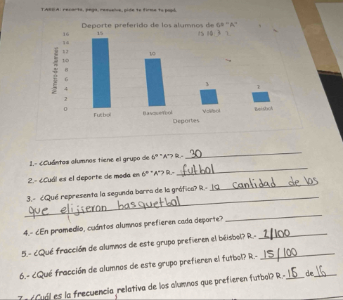 TAREA: recorta, pega, resuelve, pide te firme tu papá
1.- ¿Cuántos alumnos tiene el grupo de 6° A'? R.-
_
2.- ¿Cuál es el deporte de moda en 6° A"? R.-
_
_
3.- ८Qué representa la segunda barra de la gráfica? R.-
_
4.- ¿En promedio, cuántos alumnos prefieren cada deporte?_
_
5,- ¿Qué fracción de alumnos de este grupo prefieren el béisbol? R.-_
6.- ¿Qué fracción de alumnos de este grupo prefieren el futbol? R.-
T a Guál es la frecuencia relativa de los alumnos que prefieren futbol? R.- _de_