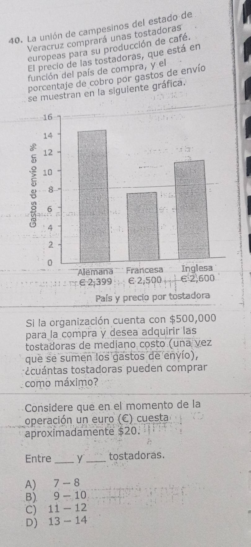 La unión de campesinos del estado de
Veracruz comprará unas tostadoras
europeas para su producción de café.
El precio de las tostadoras, que está en
función del país de compra, y el
porcentaje de cobro por gastos de envío
se muestran en la siguiente gráfica.
16
14
12
10
8
6
4
2
0
Alemana Francesa Inglesa
∈ 2; 399 ε2; 500 ∈ 2,600
País y precio por tostadora
Si la organización cuenta con $500,000
para la compra y desea adquirir las
tostadoras de medjaño costo (una vez
que se sumen los gastos de envío),
ocuántas tostadoras pueden comprar
como máximo?
Considere que en el momento de la
operación un euro (C) cuesta
aproximadamente $20.
Entre _y _tostadoras.
A) 7-8
B). 9-10
C) 11-12
D) 13-14