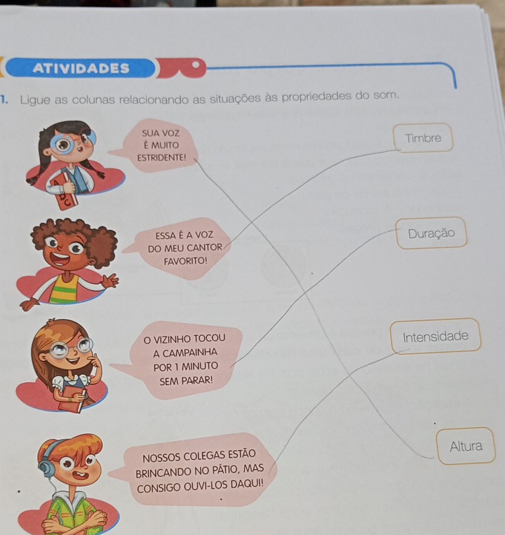 ATIVIDADES 
Ligue as colunas relacionando as situações às propriedades do som. 
a