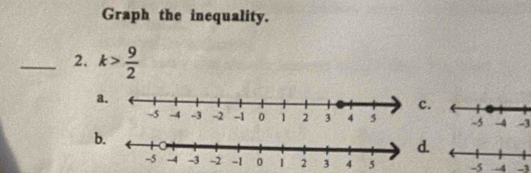 Graph the inequality.
_2. k> 9/2 
a.
-3
b.
-4 -3
-5