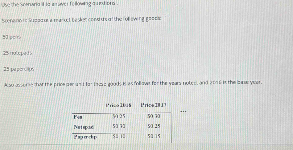 Use the Scenario II to answer following questions . 
Scenario II: Suppose a market basket consists of the following goods:
50 pens
25 notepads
25 paperclips 
Also assume that the price per unit for these goods is as follows for the years noted, and 2016 is the base year. 
.