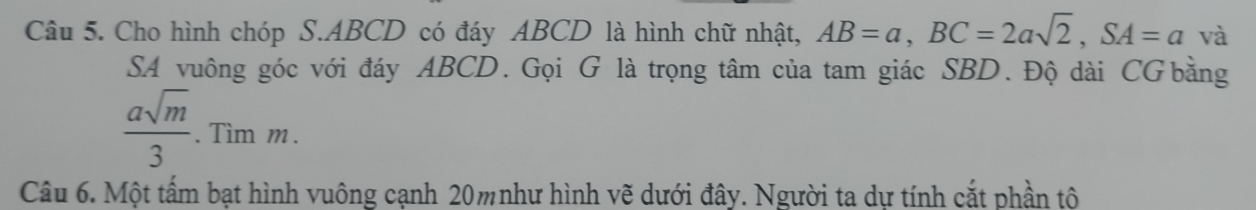 Cho hình chóp S. ABCD có đáy ABCD là hình chữ nhật, AB=a, BC=2asqrt(2), SA=a và 
SA vuông góc với đáy ABCD. Gọi G là trọng tâm của tam giác SBD. Độ dài CGbằng
 asqrt(m)/3 . Tìm m. 
Câu 6. Một tấm bạt hình vuông cạnh 20mnhư hình vẽ dưới đây. Người ta dự tính cắt phần tô