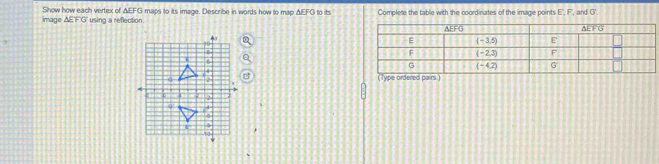 Show how each vertex of ΔEFG maps to its image. Describe in words how to map ΔEFG to its
image ΔE'F'G' using a reflection. Complete the table with the coordinates of the image points E', F, and G'
(Type ordered pairs.)