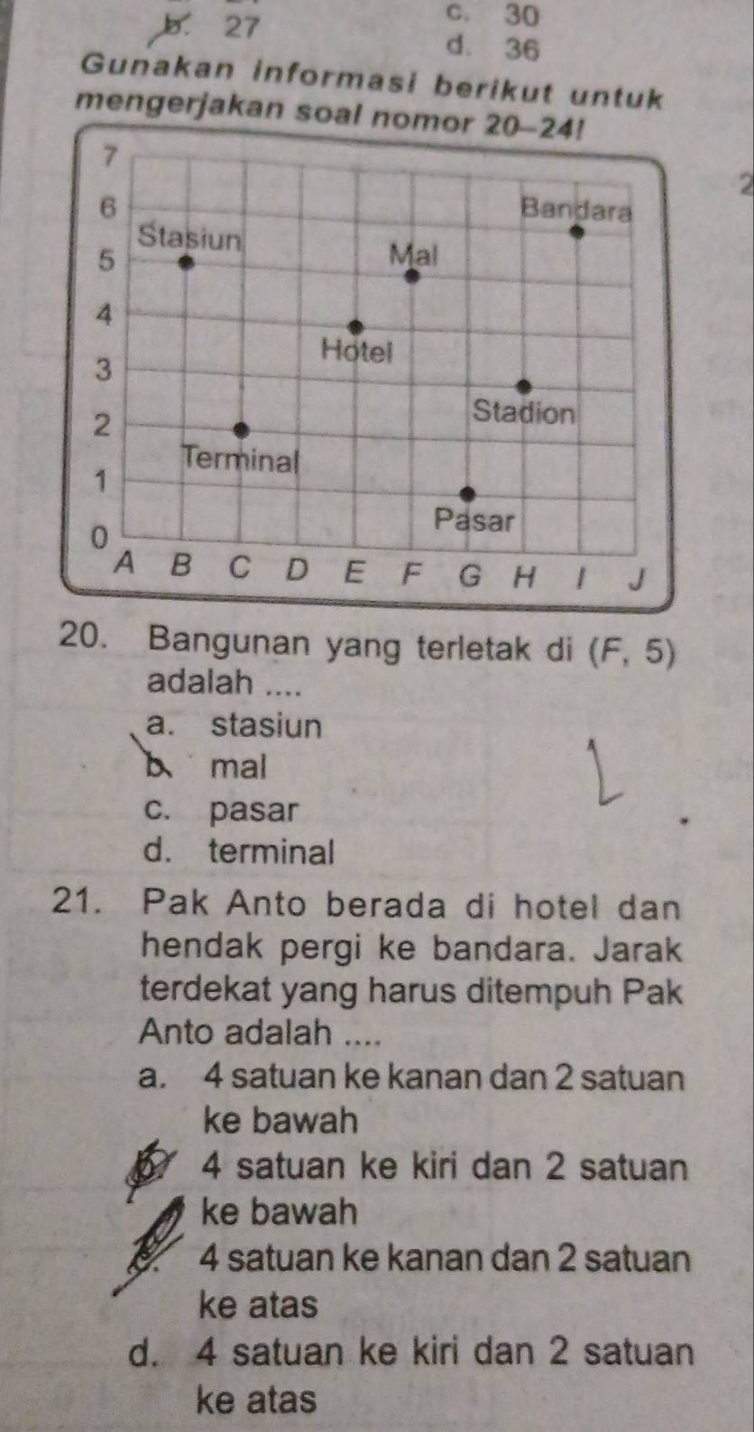 b. 27
c. 30
d. 36
Gunakan informasi berikut untuk
mengerjakan soal nomor
2
20. Bangunan yang terletak di (F,5)
adalah ....
a. stasiun
b mal
c. pasar
d. terminal
21. Pak Anto berada di hotel dan
hendak pergi ke bandara. Jarak
terdekat yang harus ditempuh Pak
Anto adalah ....
a. 4 satuan ke kanan dan 2 satuan
ke bawah
4 satuan ke kiri dan 2 satuan
ke bawah
V 4 satuan ke kanan dan 2 satuan
ke atas
d. 4 satuan ke kiri dan 2 satuan
ke atas