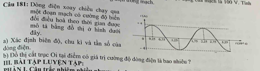 en trong mạch. ng Của mạch là 100 V. Tính
Câu 181: Dòng điện xoay chiều chạy qua
một đoạn mạch có cường độ biến 
đổi điều hoà theo thời gian được
mô tả bằng đồ thị ở hình dưới
đây.
a) Xác định biên độ, chu kì và tần số của 
dòng điện. 
b) Đồ thị cắt trục Oi tại điểm có giá trị cường độ dòng điện là bao nhiêu ?
III. bài TậP LUYỆN Tập:
PHàN L Câu trắc nhiêm nh