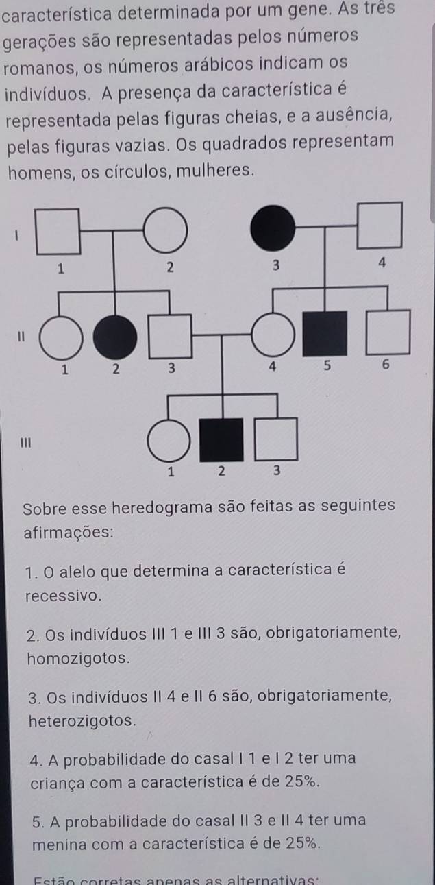 característica determinada por um gene. As três 
gerações são representadas pelos números 
romanos, os números arábicos indicam os 
indivíduos. A presença da característica é 
representada pelas figuras cheias, e a ausência, 
pelas figuras vazias. Os quadrados representam 
homens, os círculos, mulheres. 
1 
Sobre esse heredograma são feitas as seguintes 
afirmações: 
1. O alelo que determina a característica é 
recessivo. 
2. Os indivíduos III 1 e III 3 são, obrigatoriamente, 
homozigotos. 
3. Os indivíduos II 4 e II 6 são, obrigatoriamente, 
heterozigotos. 
4. A probabilidade do casal I 1 e I 2 ter uma 
criança com a característica é de 25%. 
5. A probabilidade do casal II 3 e II 4 ter uma 
menina com a característica é de 25%. 
Estão corretas anenas as alternativas: