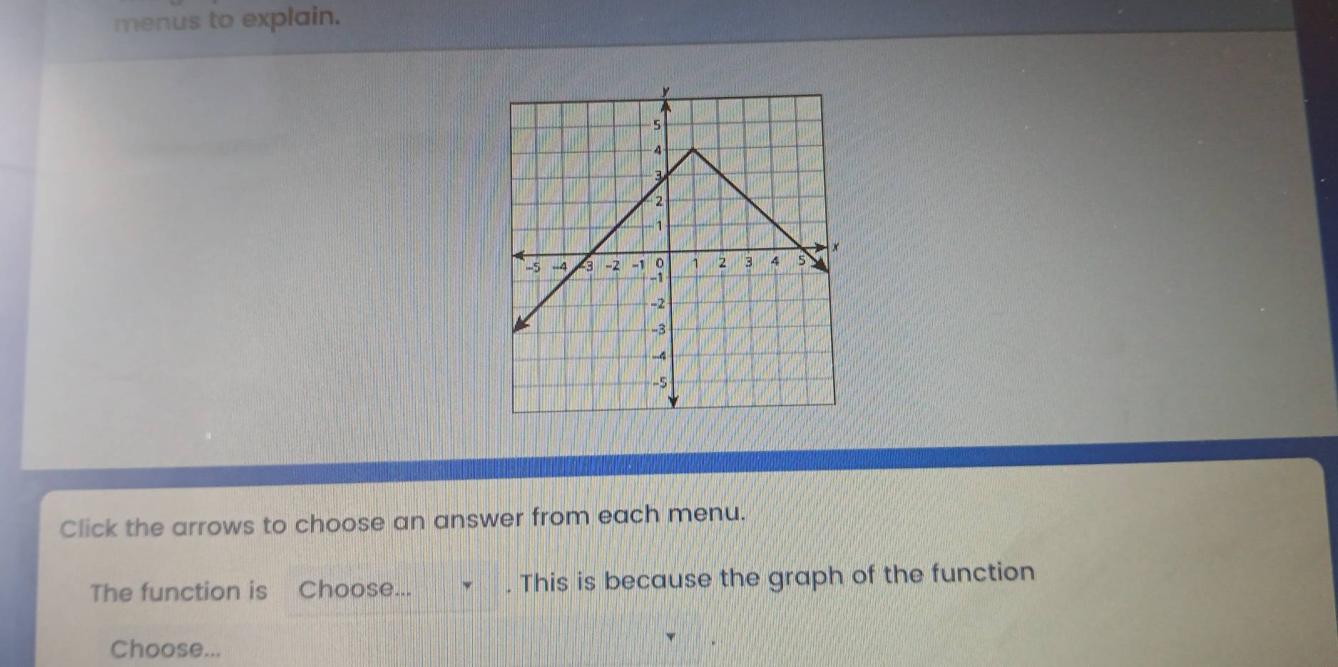 menus to explain. 
Click the arrows to choose an answer from each menu. 
The function is Choose... This is because the graph of the function 
Choose...