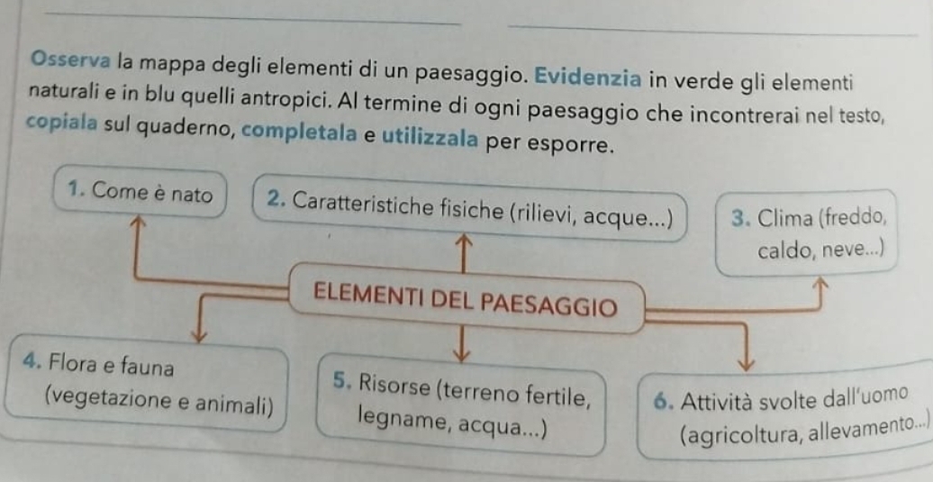 Osserva la mappa degli elementi di un paesaggio. Evidenzia in verde gli elementi 
naturali e in blu quelli antropici. Al termine di ogni paesaggio che incontrerai nel testo, 
copiala sul quaderno, completala e utilizzala per esporre. 
1. Come è nato 2. Caratteristiche fisiche (rilievi, acque...) 3. Clima (freddo, 
caldo, neve...) 
ELEMENTI DEL PAESAGGIO 
4. Flora e fauna 5. Risorse (terreno fertile, 6. Attività svolte dall'uomo 
(vegetazione e animali) legname, acqua...) 
(agricoltura, allevamento...)