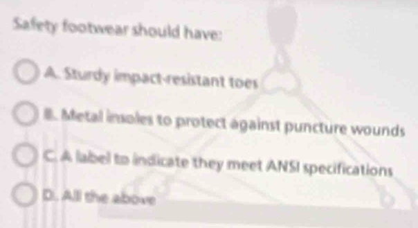 Safety footwear should have:
A. Sturdy impact-resistant toes
l. Metal insoles to protect against puncture wounds
C. A label to indicate they meet ANSI specifications
D. All the above