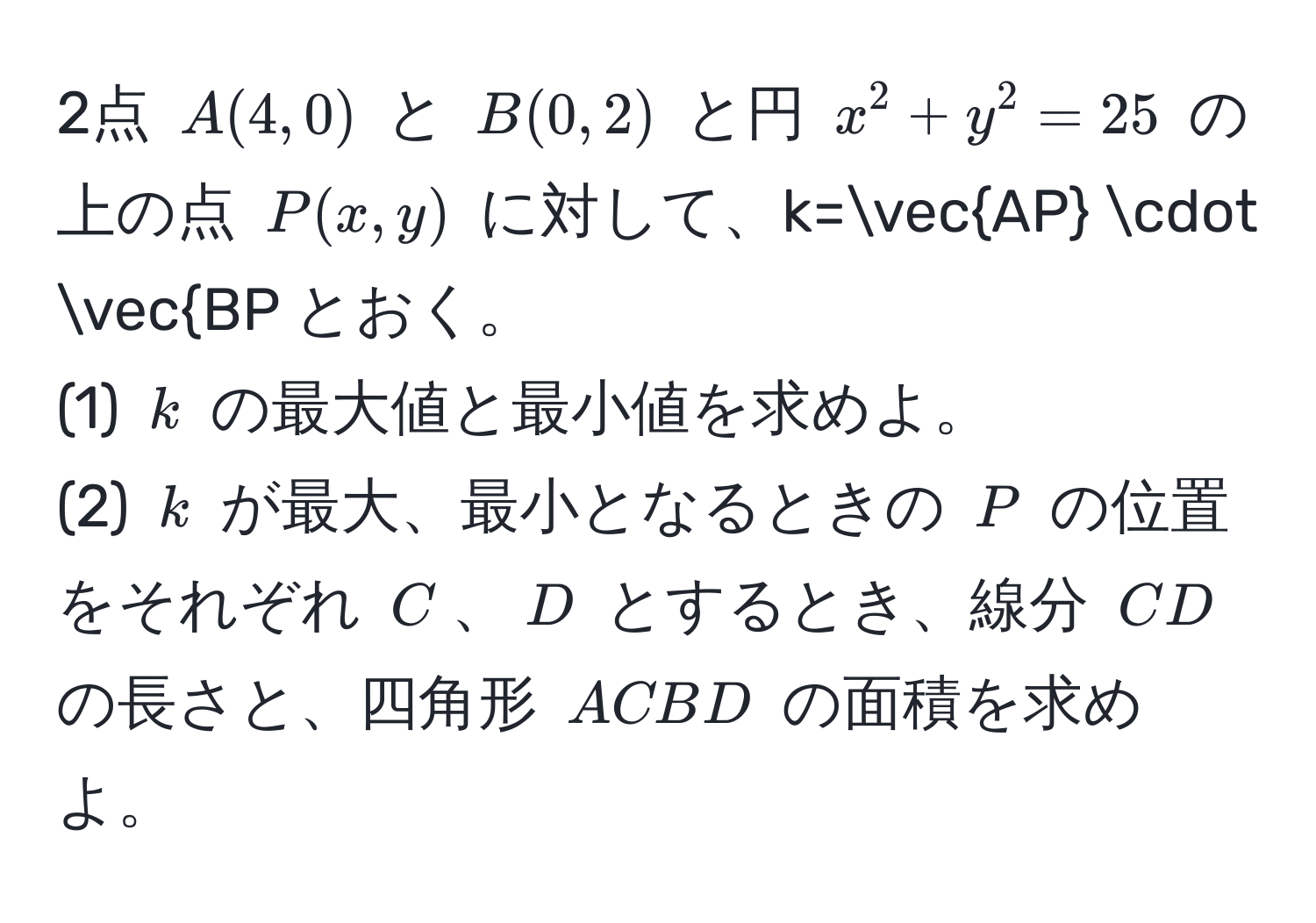 2点 $A(4,0)$ と $B(0,2)$ と円 $x^(2+y^2=25$ の上の点 $P(x,y)$ に対して、$k=vecAP) · vecBP$ とおく。  
(1) $k$ の最大値と最小値を求めよ。  
(2) $k$ が最大、最小となるときの $P$ の位置をそれぞれ $C$、$D$ とするとき、線分 $CD$ の長さと、四角形 $ACBD$ の面積を求めよ。