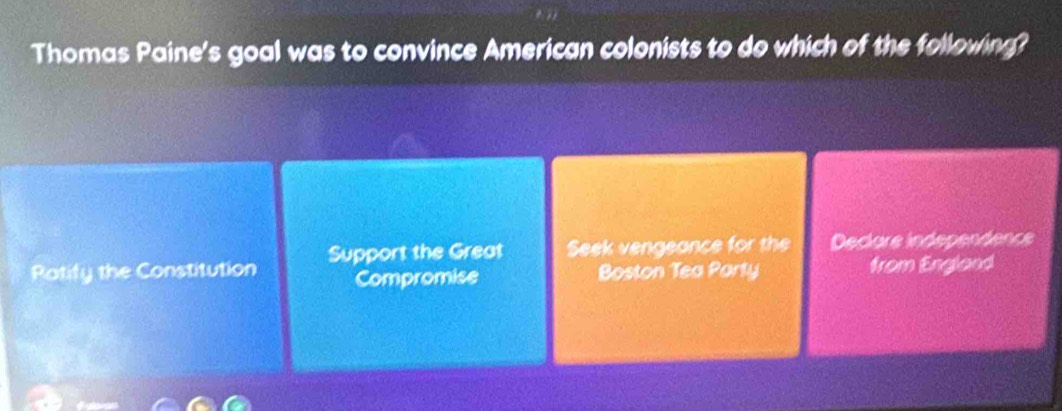 Thomas Paine's goal was to convince American colonists to do which of the following?
Ratify the Constitution Support the Great Seek vengeance for the Declare independence
Compromise Boston Tea Party from England