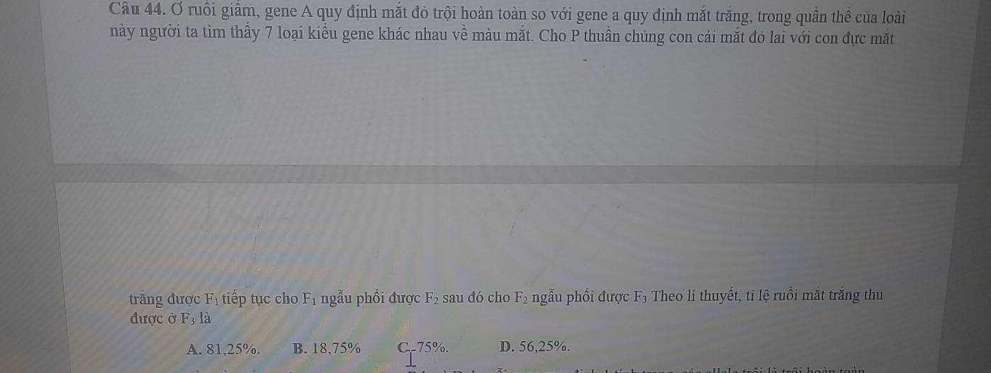 Ở ruồi giấm, gene A quy định mắt đỏ trội hoàn toàn so với gene a quy định mắt trắng, trong quần thể của loài
này người ta tìm thấy 7 loại kiểu gene khác nhau về màu mắt. Cho P thuần chủng con cái mắt đỏ lai với con đực mắt
trắng được F_1 tiếp tục cho Fị ngẫu phối được F_2 sau đó cho F_2 ngẫu phổi được . F_3 Theo lí thuyết, ti lệ ruồi mặt trăng thu
được ở F_3) la
A. 81,25%. B. 18,75% C- 75%. D. 56, 25%.