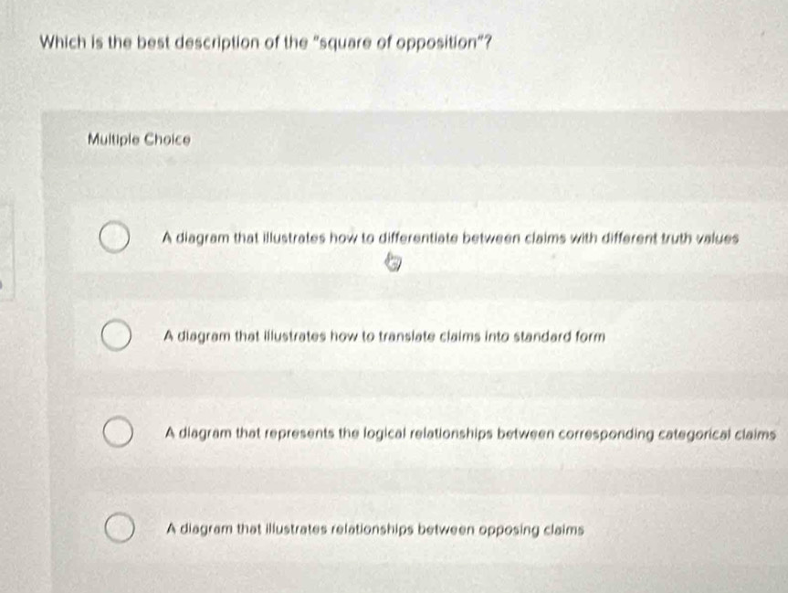 Which is the best description of the "square of opposition”?
Multiple Choice
A diagram that illustrates how to differentiate between claims with different truth values
A diagram that illustrates how to transiate claims into standard form
A diagram that represents the logical relationships between corresponding categorical claims
A diagram that illustrates relationships between opposing claims