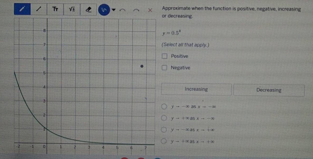 Tr sqrt(± ) I^(Approximate when the function is positive, negative, increasing
r decreasing.
y=0.5^x)
Select all that apply.)
Positive
Negative
Increasing Decreasing
yto -∈fty asxto -∈fty
yto +∈fty asxto -∈fty
yto -∈fty asxto +∈fty
yto +∈fty asxto +∈fty