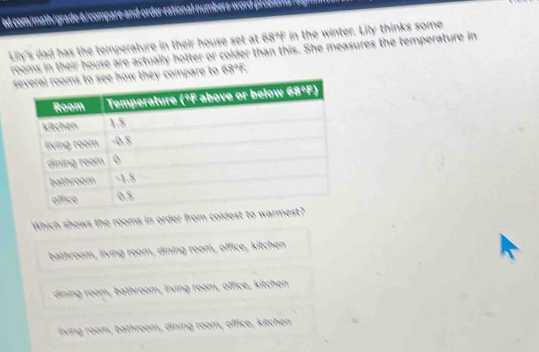 xl com/math/grade-6/compare-and-order-rational numbers-word proben mhn
Lily's dad has the temperature in their house set at 68°F in the winter. Lily thinks some
rooms in their house are actually hotter or colder than this. She measures the temperature in
e to 68°F.
Which shows the rooms in order from coldest t
bathroom, living room, dining room, office, kitchen
dining room, bathroom, living room, office, kitchen
living room, bathroom, dining room, office, kitchen