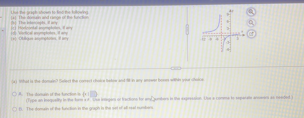 Use the graph shown to find the following.
(a) The domain and range of the function
(b) The intercepts, if any
(c) Horizontal asymptotes, if any
.
(d) Vertical asymptotes, if any
(e) Oblique asymptotes, if any 
(a) What is the domain? Select the correct choice below and fill in any answer boxes within your choice.
A. The domain of the function is  x|□ 
(Type an inequality in the form x!=. Use integers or fractions for any umbers in the expression. Use a comma to separate answers as needed.)
B. The domain of the function in the graph is the set of all real numbers.