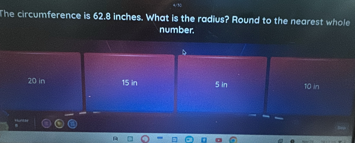 Solved: The circumference is 62.8 inches. What is the radius? Round to ...