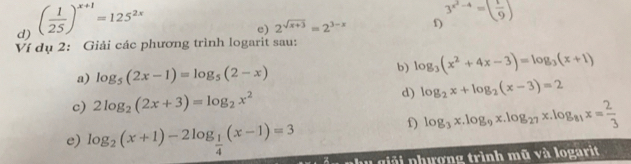 ( 1/25 )^x+1=125^(2x)
e) 2^(sqrt(x+3))=2^(3-x) f) 3^(x^2)-4=( 1/9 )
Ví dụ 2: Giải các phương trình logarit sau: 
a) log _5(2x-1)=log _5(2-x) b) log _3(x^2+4x-3)=log _3(x+1)
c) 2log _2(2x+3)=log _2x^2 d) log _2x+log _2(x-3)=2
f) log _3x.log _9x.log _27x.log _81x= 2/3 
e) log _2(x+1)-2log _ 1/4 (x-1)=3 phu giải nhượng trình mũ và logarit