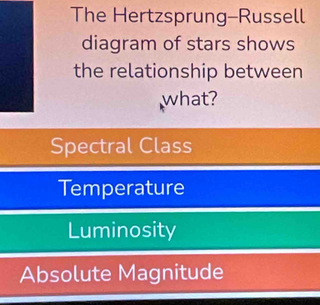 The Hertzsprung-Russell
diagram of stars shows
the relationship between
what?
Spectral Class
Temperature
Luminosity
Absolute Magnitude