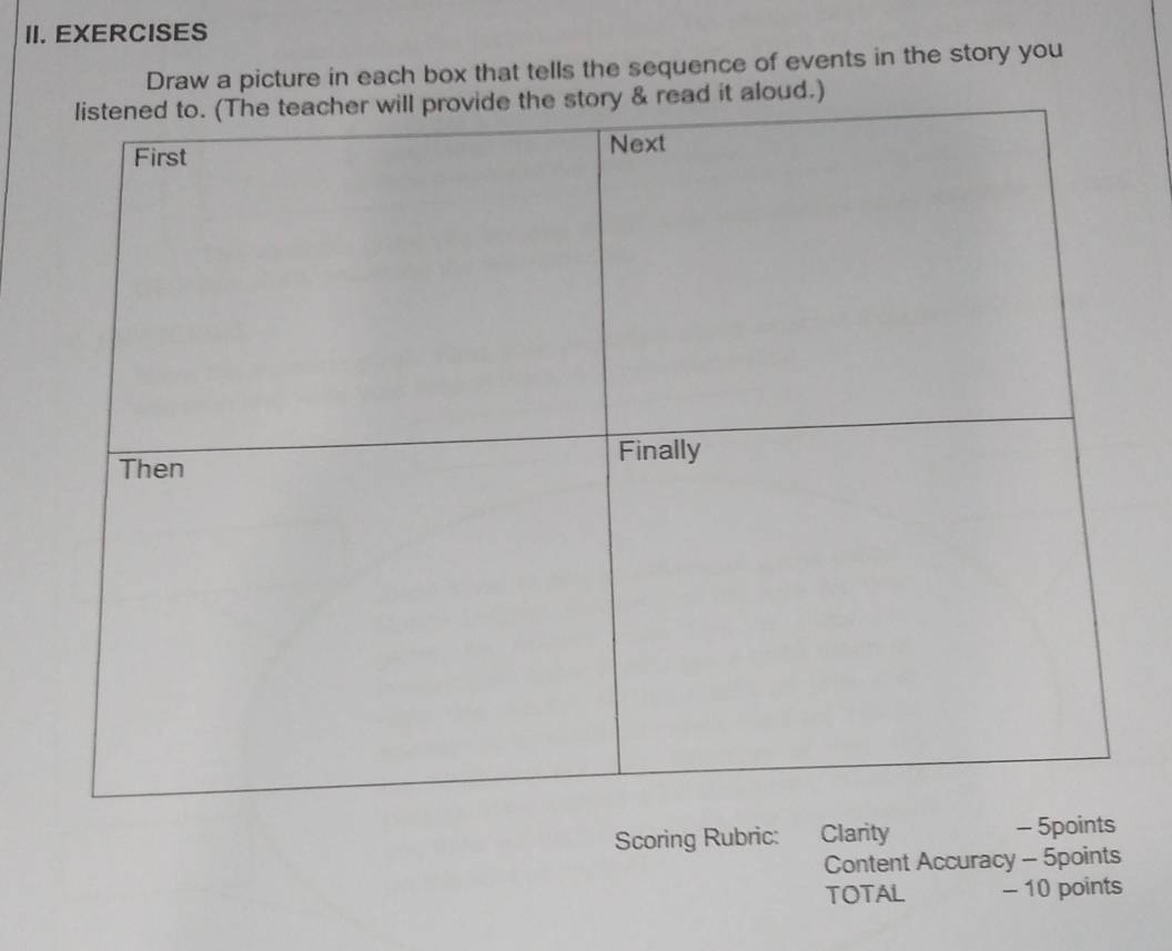 EXERCISES 
Draw a picture in each box that tells the sequence of events in the story you 
ud.) 
Scoring Rubric: Clarity 
Content Accuracy - 5points 
TOTAL - 10 points