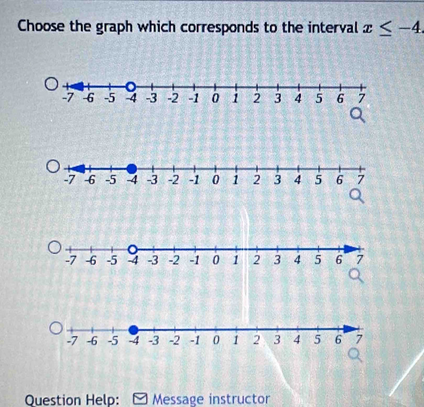 Choose the graph which corresponds to the interval x≤ -4
Question Help: Message instructor