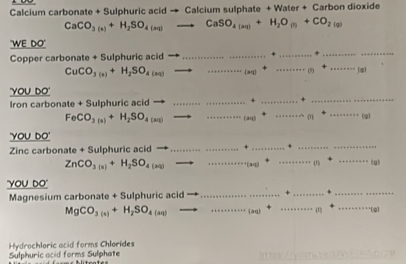 Calcium carbonate + Sulphuric acid → Calcium sulphate + Water + Carbon dioxide
CaCO_3(e)+H_2SO_4(aq)to CaSO_4(aq)+H_2O_(l)+CO_2(g)
'WE DO'
Copper carb beginarrayr onate+Sulphuricacidto .................)+H_2SO+H_2SO_4.......................................................................................................................................... ______..........
^*
"you Do'
Iron carbonate + Sulphuric acid to ,..............+.+.+.+...........+............ ____ e+e= x≤ x+kx≤ 1+++ _
□ 
FeCO_3(s)+H_2SO_4(aq)to .................)+............(9) ___
'you DO'
Zinc carbonate + Sulphuric acid _ ·s ·s +·s __ k+8) _
ZnCO_3(s)+H_2SO_4(aq)to ·s ·s _ · +. _ ·s ·s (1)+·s (1)+.....(9) _
_
'you Do'
+ .......
Magnesium carbonate + Sulphuric acid __..+....................
MgCO_3(n)+H_2SO_4(aq) _ ·s ·s · · · · · · · (aq)+ _ +· ... +... ........(9) _
Hydrochloric acid forms Chlorides
Sulphuric acid forms Sulphate