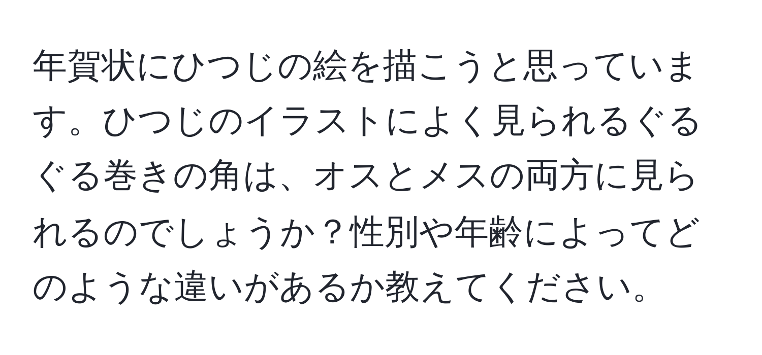 年賀状にひつじの絵を描こうと思っています。ひつじのイラストによく見られるぐるぐる巻きの角は、オスとメスの両方に見られるのでしょうか？性別や年齢によってどのような違いがあるか教えてください。