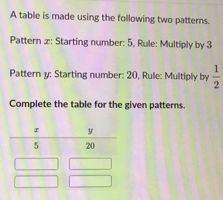 A table is made using the following two patterns. 
Pattern x : Starting number: 5, Rule: Multiply by 3
Pattern y : Starting number: 20, Rule: Multiply by  1/2 
Complete the table for the given patterns.