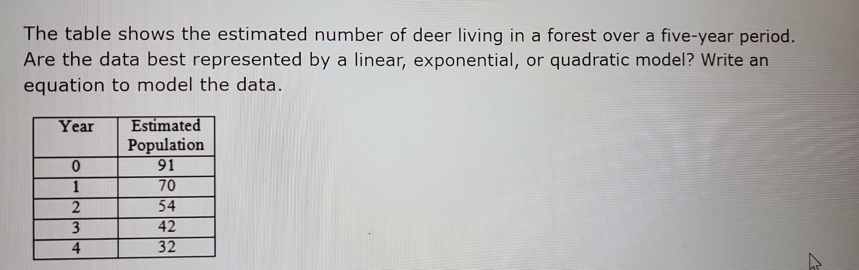 The table shows the estimated number of deer living in a forest over a five-year period. 
Are the data best represented by a linear, exponential, or quadratic model? Write an 
equation to model the data.